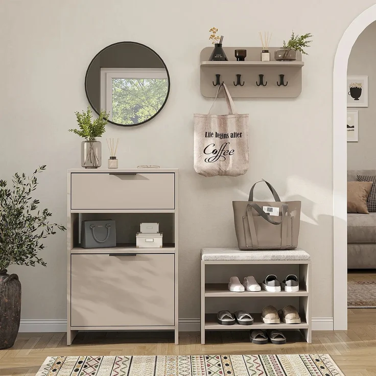 Roomart LENA Garderobenset 4-teilig – Schuhschrank, Sitzbank, Wandgarderobe & runder Spiegel – kompakte Flurgarderobe 120 cm – H 95 x B 60 x T 37 cm (Schuhschrank) • Beige – Bild 2