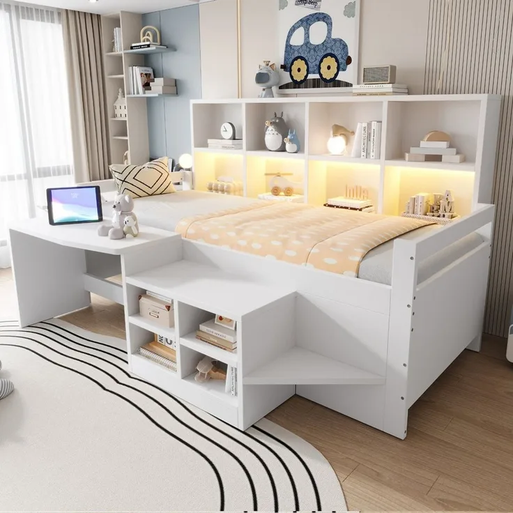 Flieks Kinderbett, Halbhochbett 90x200cm mit Schreibtisch, Schrank, Aufladen & LED-Leiste