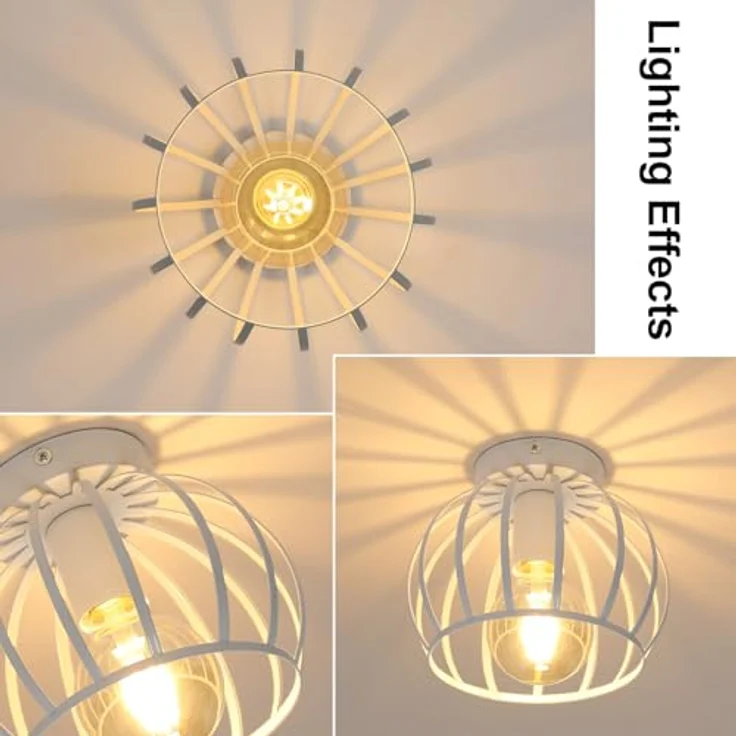 Comely Deckenleuchte Vintage, Industrial Deckenlampe Metall in Käfigform, Retro Kronleuchter E27 für Schlafzimmer, Wohnzimmer, Eingang, Flur (Weiß) – Bild 4