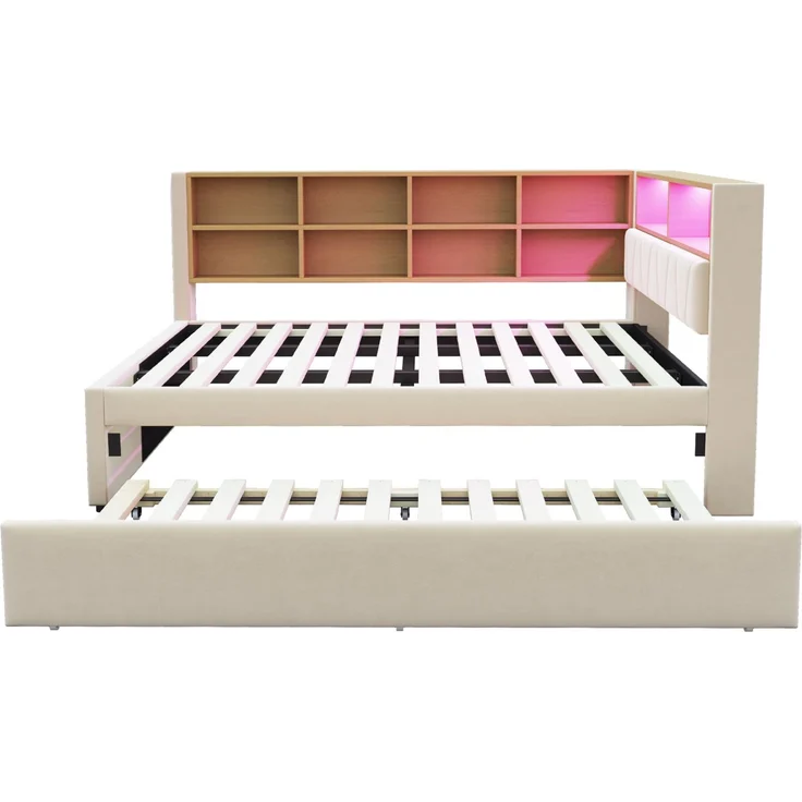 CHICFURN Bett Flanell Beige 140x200 cm mit Ausziehbett 90x190 cm, LED-Beleuchtung und USB- und Type-C-Anschlüssen – Bild 6