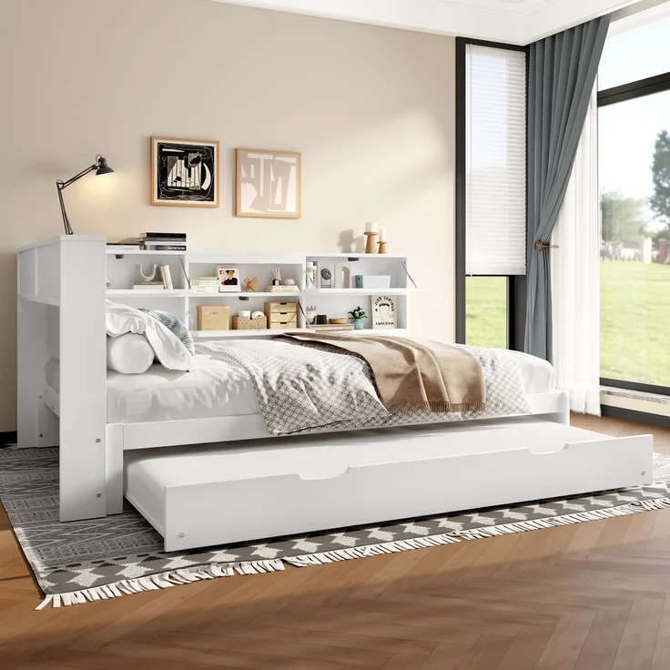 ZUBALIYA Tagesbett 140x200 cm, mit Ausziehfunktion für zusätzliche Liegefläche, mit USB - Ladeanschluss am Bett, mit integrierter Steckdose, Weiß – Bild 2