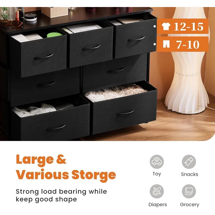 DUMOS Kommode für Schlafzimmer mit 7 Stoffschubladen, hohe Kommode Organizer für Kleidung, Schrank Kinderzimmer, Aufbewahrungsturm mit Schrank, Metallrahmen, Holzplatte, leichte Kinderzimmermöbel – Bild 4