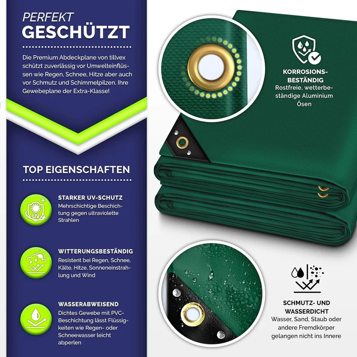 tillvex® Abdeckplane Grün 3x6 m mit Ösen + 10 Haken & 15m Seil | Gewebeplane 650g/m² Wasserdicht & Reißfest | Premium PVC-Plane Universell LKW, Pool, Holz Gartenmöbel | Gartenplane Abdeckung – Bild 2