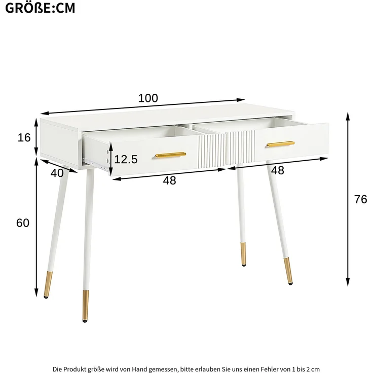 EINHOM Schminktisch, Frisiertisch, Schreibtisch mit 2 Schubladen, Metallfüße, weiß, Maße: H 76 cm × B 100 cm × T 40 cm(ohne Spiegel) – Bild 2