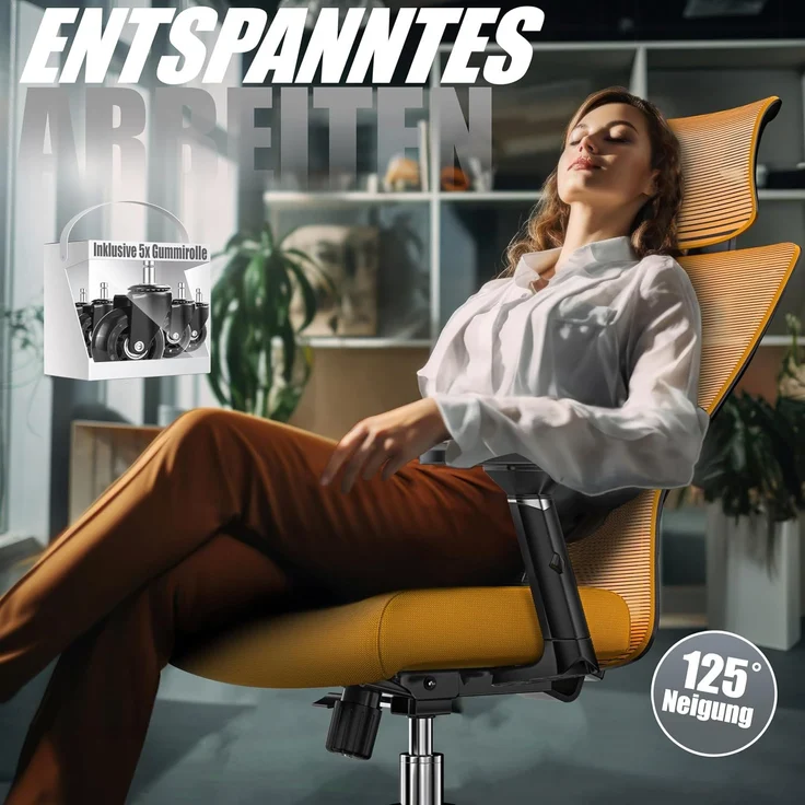 KESSER® Bürostuhl mit verstellbaren Armlehnen | Drehstuhl mit Lendenwirbelstütze Rückenschonend | Schreibtischstuhl ergonomisch mit Kopfstütze | Office Chair Wippfunktion bis 125° mit 5x Gummirollen Orange / Silber – Bild 8