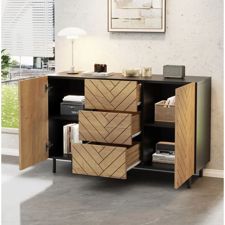 DESVIAE Sideboard mit 3 Schubladen und 2 Schränken 120x76x40 cm Spanplatte Holzoptik Schwarz – Bild 1