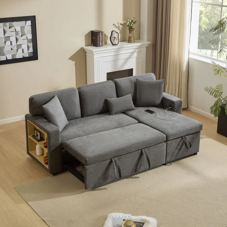EINHOM Corner Sofa Bett Eckcouch Couch L-Form Schlafcouch Ausziehbar, Bettkasten und integriertem Regal, dunkelgrau, 214 x 131 x 87 cm – Bild 2