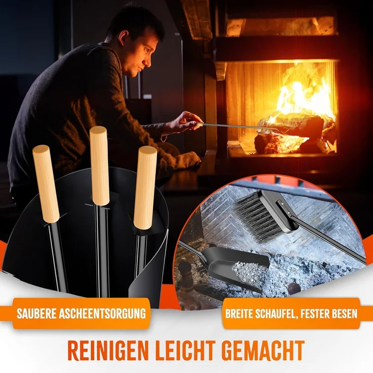 KESSER® Kaminbesteck Set 4-teiliges Kaminzubehör – Modern Design, beschichtet, Hochwertige Kamingarnitur aus 4 Teilen: Besen, Schaufel, Schürhaken, Ständer Stahl Edelstahlgriffe Anthrazit – Bild 6
