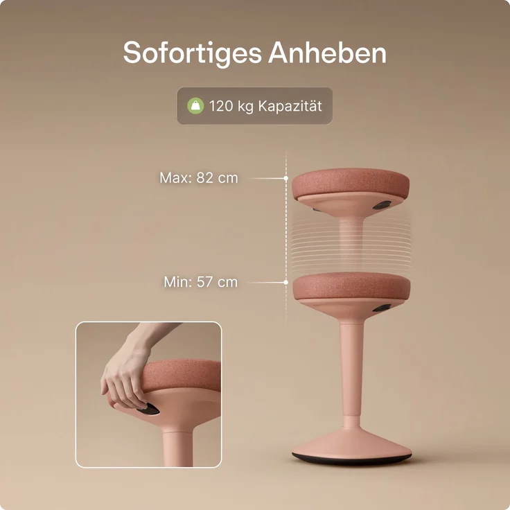 Ergonomischer Balancehocker Desktronic – Höhenverstellbarer Stehhocker für Homeoffice & Stehschreibtisch, Aktivsitz-Hocker mit Wippfunktion, rutschfester Standfuß – Rosa – Bild 7