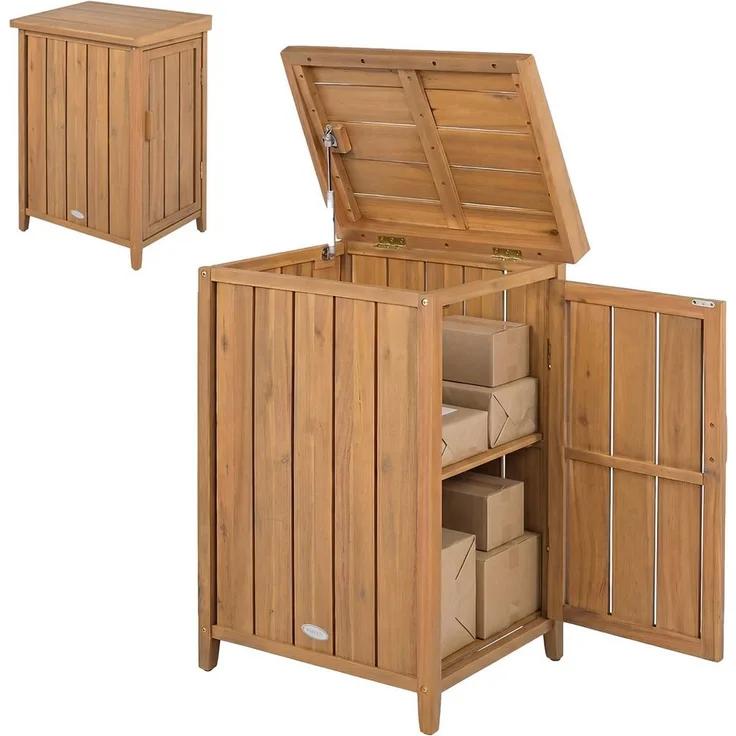 KOMFOTTEU Auflagenbox, Paketkasten aus Akazienholz mit Deckel, Seitentür & herausnehmbarem Boden, Naturfarben, 56,5 x 45 x 86 cm