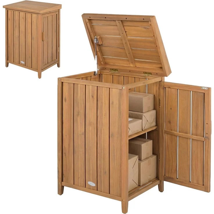 KOMFOTTEU Auflagenbox, Paketkasten aus Akazienholz mit Deckel, Seitentür & herausnehmbarem Boden, Naturfarben, 56,5 x 45 x 86 cm
