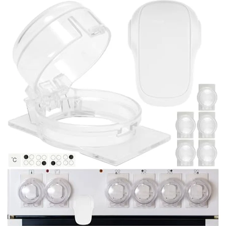 Herd Kindersicherung Set, für 6 Knöpfe, transparenter Kleber, mit Backofentür Kindersicherung in Weiss, für max. Ø 4,9 cm und 4 cm hohe Herdknöpfe mit min. 6,1 cm Abstand Mitte-Mitte, Herdschutz Kit – Bild 2