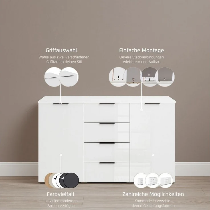 OTTO home Kombikommode Sideboard Kombikommode Schubladenkommode AGORDO mit Glasfront (in zwei Griff-Farben, Breite 120 cm), vier große Schubladen, mit insgesamt 4 Einlegeböden MADE IN GERMANY – Bild 2