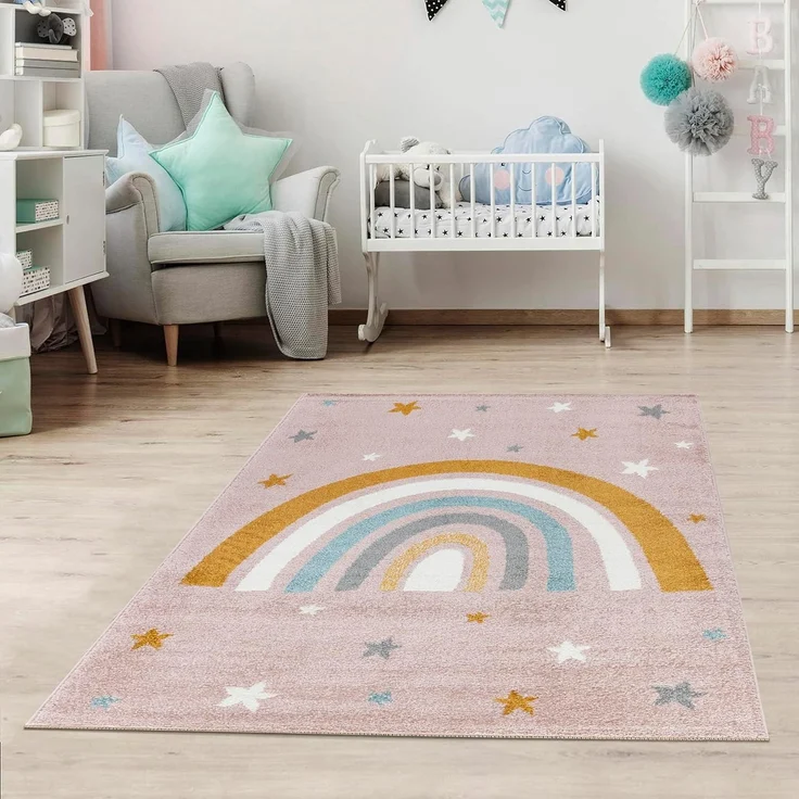 Jimri Kinderteppich DOTS l Pünktchen Gepunktet | Farbe: Beige Blau Rosa | Kinderzimmer/Jugendzimmer (Pink, 120x170 cm) – Bild 1