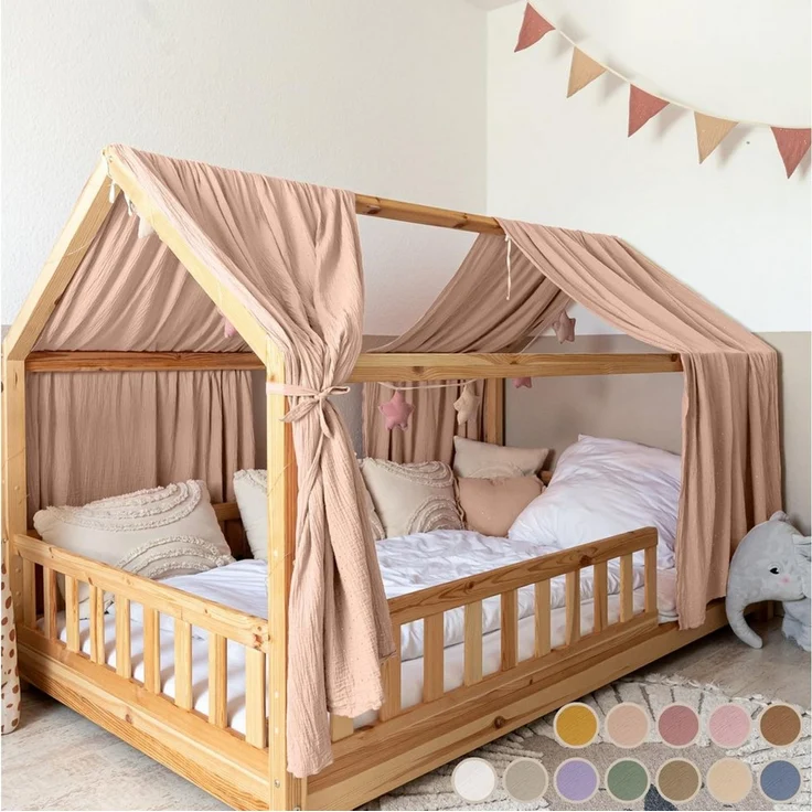 lilimaus Betthimmel Hausbetthimmel Baumwoll Musselin Betthimmel Kinder Hausbett 2er Set, Stilvolle Musselin-Deko für Kinderzimmer, ideal als Geschenkidee