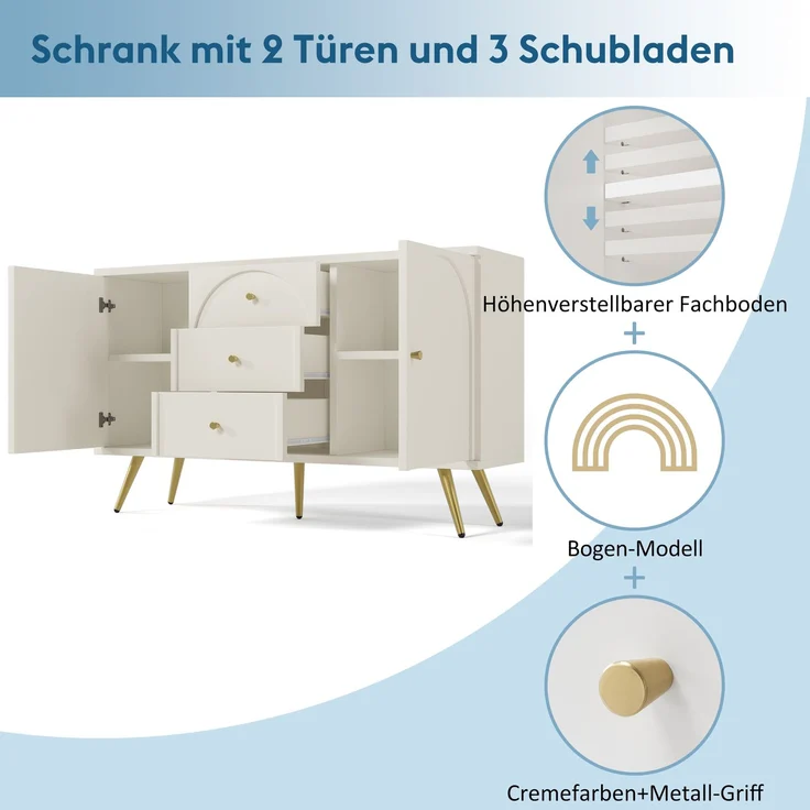 Kommode 140 cm mit gewölbten Schubladen, Sideboard mit höhenverstellbarem Fachboden, Drehtüren, Metallfüßen, Stauraum – Bild 6