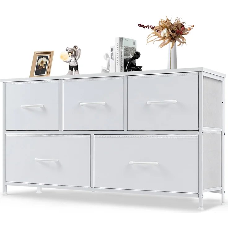DUMOS Kommode mit Schubladen - kommoden & Sideboards für Schlafzimmer Geeignet, Komodenschrank mit 5 Schubladen, Stoffkommode mit Stabilem Stahlrahmen, Ideal für Schlafzimmer, Wohnzimmer (Weiß)