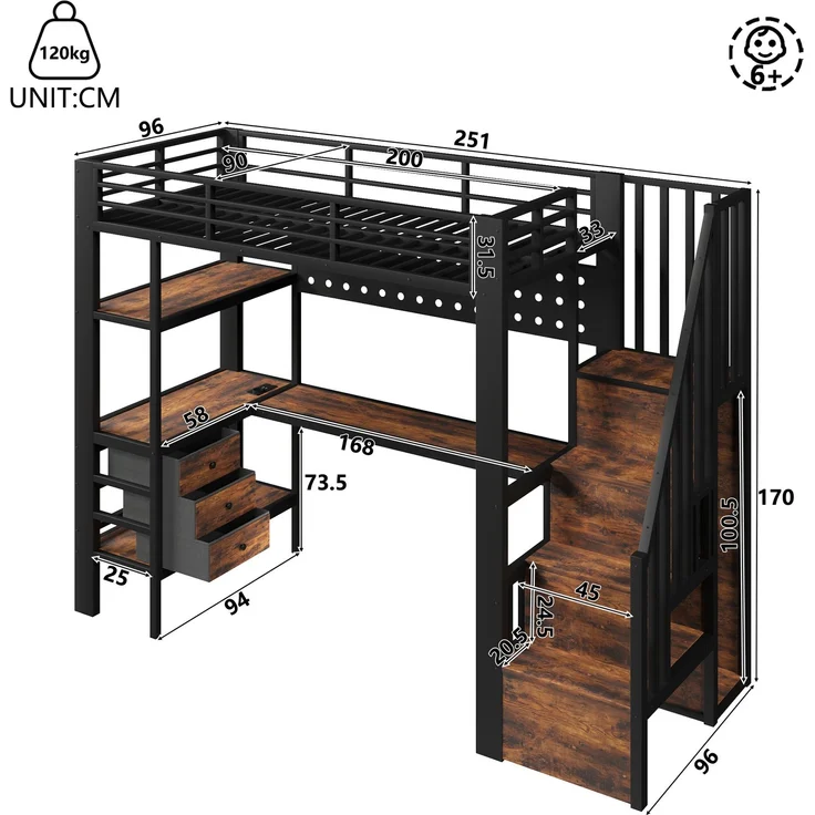 Merax Hochbett, Kinderbett 90 x 200 cm, Einzelbett, Metallbett, mit Ablagefläche, Schublade, Lochwand, Tisch, Steckdose, LED-Licht, ohne Matratze, Schwarz – Bild 4