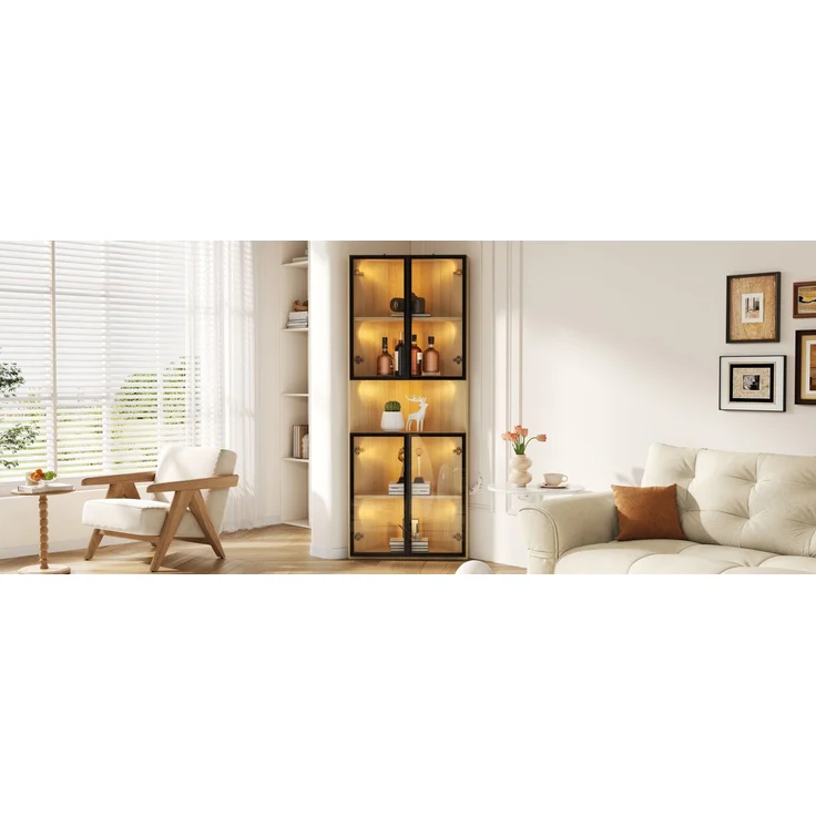 Flieks LED Eckvitrine 62×32×160 cm, Glasvitrine mit gehärteten Glastüren, Sammlungsvitrine & Bücherregal in Eichenoptik – Bild 9