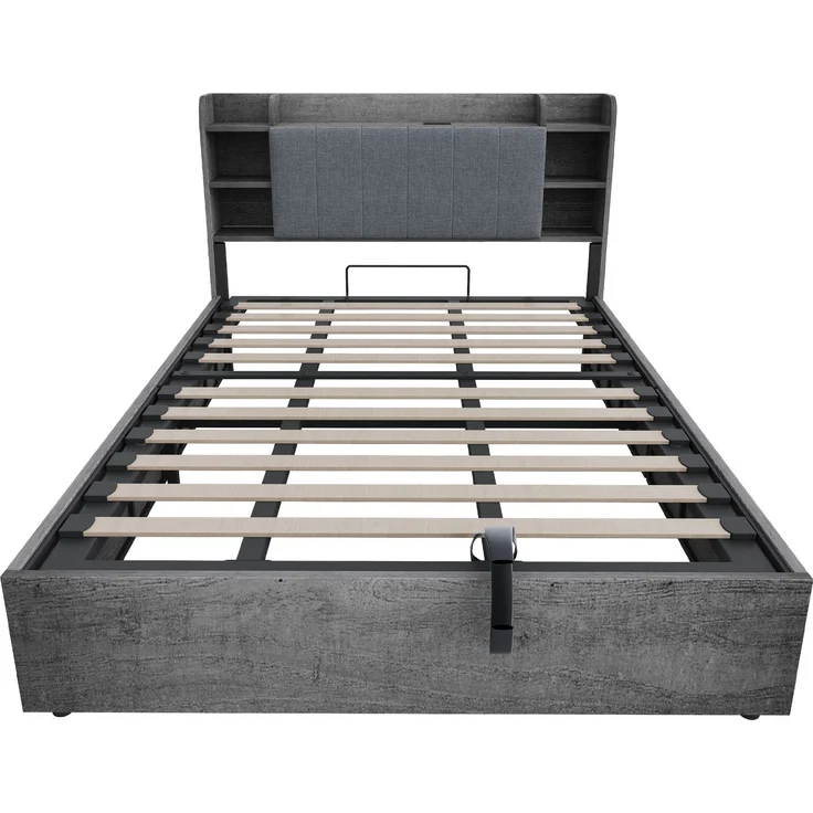 Merax Doppelbett, 180 x 200 cm, Holzbett, Hydraulisches Bett, Kopfteil mit Stauraum, Ausgestattet mit USB-Anschluss und Tape-C-Steckdose, (ohne Matratze) Grau – Bild 7