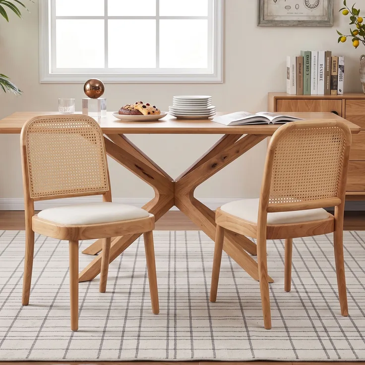 2 Esszimmerstühle aus Massivholz mit Rattan-Rückenlehnen, bequem und atmungsaktiv, geeignet für Esszimmer, Wohnzimmer, Cafés, moderner Stil, Leinen, Holzfarbe--Holz--52x45x84cm--YOUDENOVA
