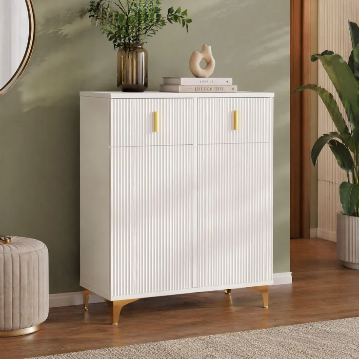 DESVIAE Sideboard mit 2 Schubladen und verstellbaren Einlegeböden, 83x101x35 cm, Spanplatte, Weiß – Bild 2