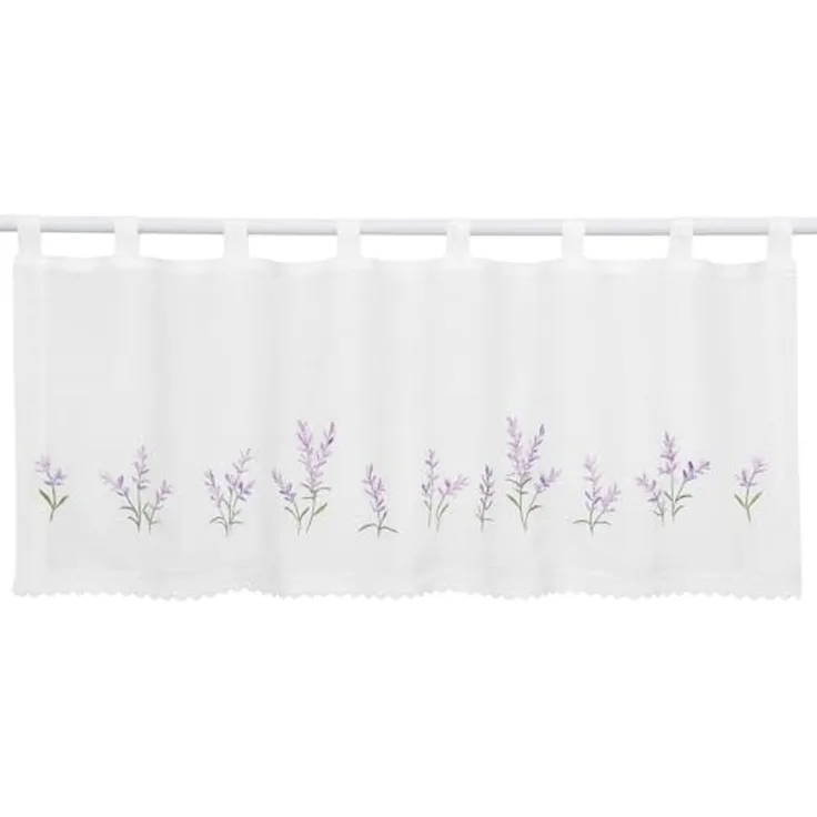 HOME WOHNIDEEN Scheibengardine Scheibengardine Lavendel bestickt HxB 45x120cm, Schlaufen, halbtransparent, bestickt mit Häkelborte