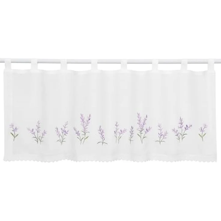 HOME WOHNIDEEN Scheibengardine Scheibengardine Lavendel bestickt HxB 45x120cm, Schlaufen, halbtransparent, bestickt mit Häkelborte – Bild 1