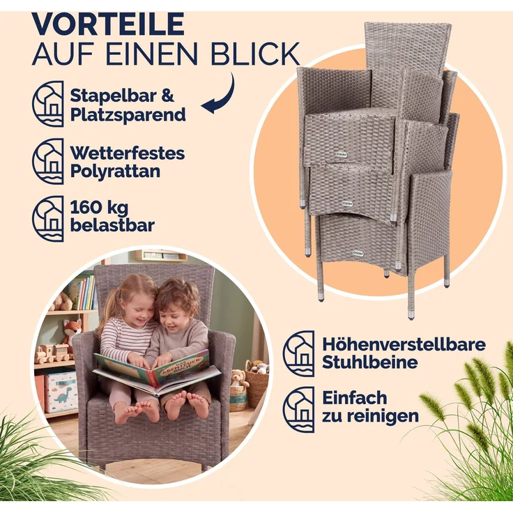 CASARIA® Gartenstühle Polyrattan 3er Set Creme – Bild 5