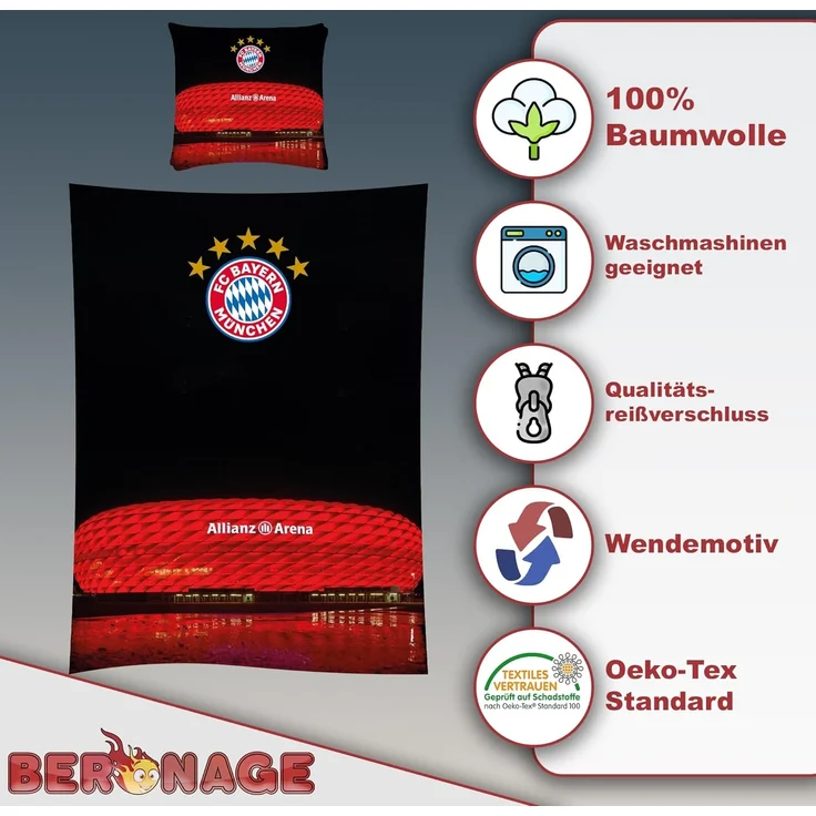 BERONAGE Kinderbettwäsche FC Bayern München Bettwäsche Allianz Arena Linon / Renforcé, 2 teilig, 135x200 + 80x80 cm – Bild 3
