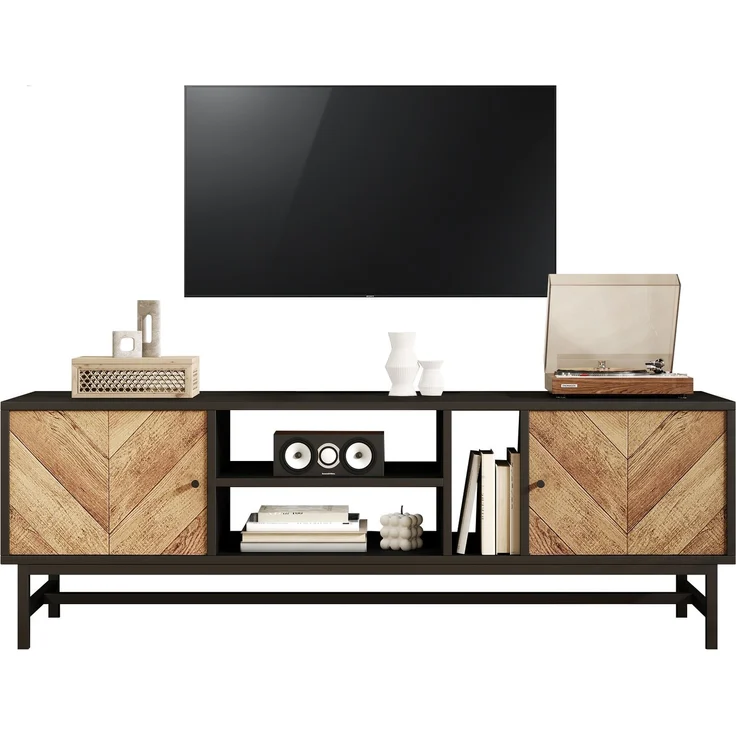 TV Schrank Schwarz Holzoptik 150x38 cm mit 2 Türen und offenen Fächern Metallbeine Sideboard Medienregal für Wohnzimmer – Bild 7