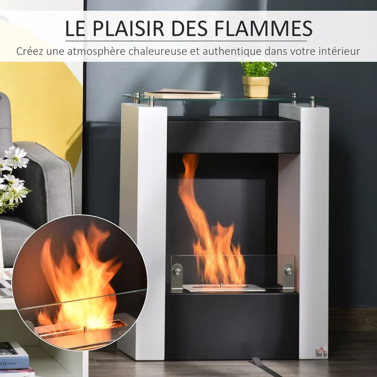 JARDJ Bioethanol-Kamin mit 0,9-Liter-Brenner und Ablagefläche aus gehärtetem Glas, 60 x 20 x 79 cm, Stahl, schwarz-weiß – Bild 7