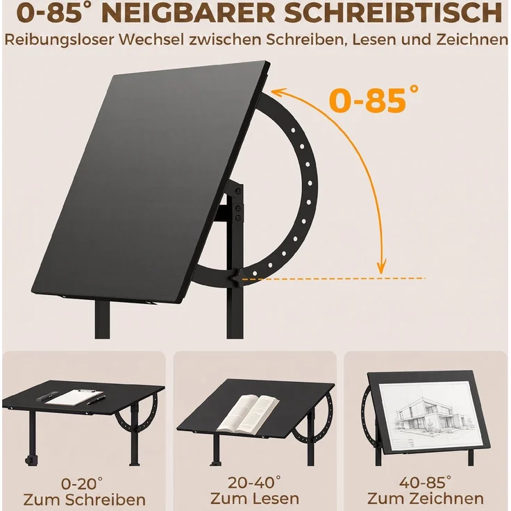 MELAYR, Zeichentisch, höhen- und neigungsverstellbar, mit rutschfester Ablageleiste, Schwarz, 90 x 60 x 90 cm – Bild 6