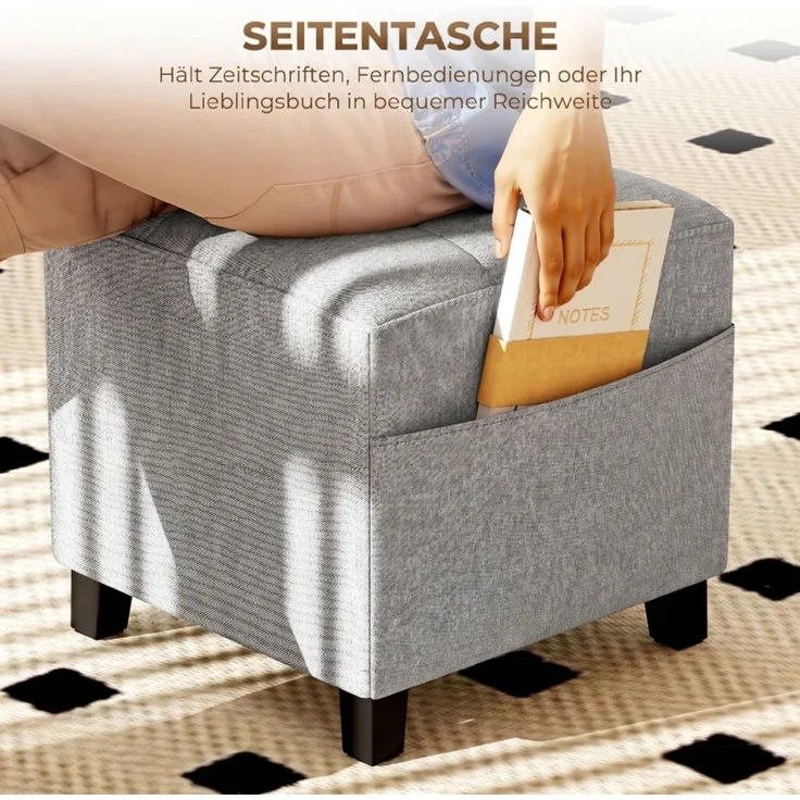 Quadratischer Hocker, kleiner Ottoman mit Seitentasche, Fußstütze aus Stoff in Leinenoptik mit Gummibaumholzbeinen, Hellgrau--Hellgrau--35x35x35cm--YOUDENOVA – Bild 5
