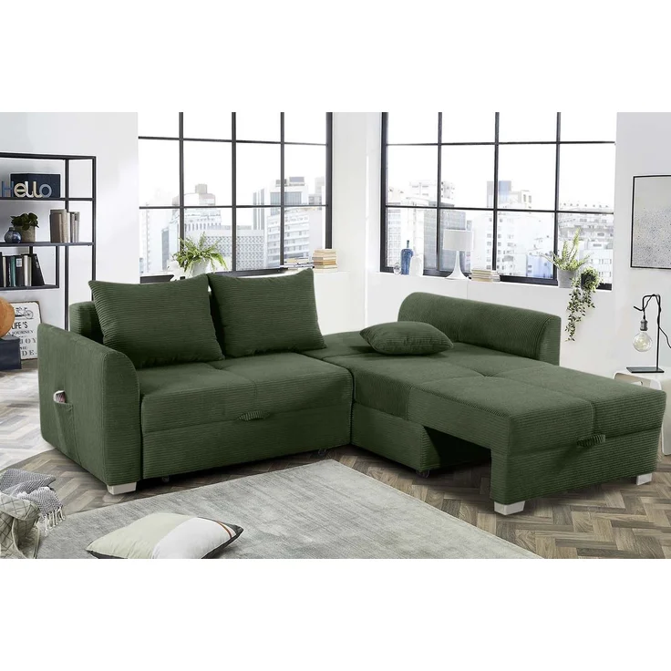 Ecksofa L-Form Couch Polsterecke ausziehbar Schlaffunktion Bettkasten Cord Grün – Bild 4