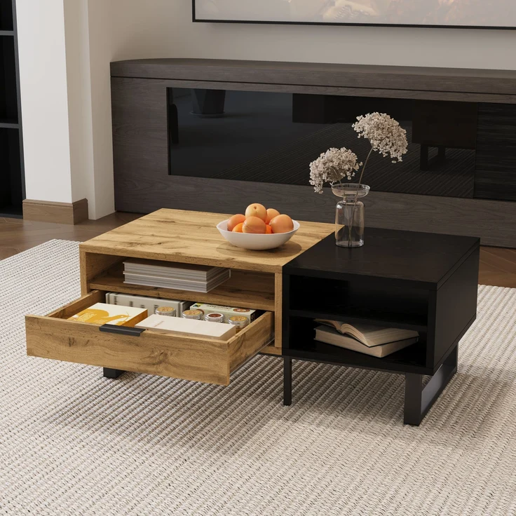 Couchtisch aus Spanplatte mit Ablagefächern & Schublade, 100x50x40 cm, Natur – Bild 2