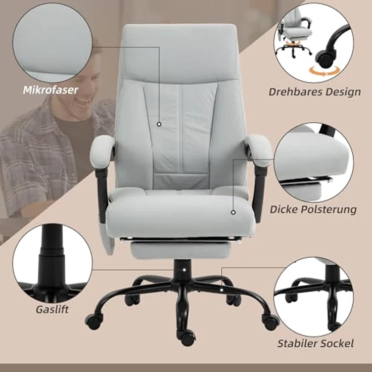 Vinsetto Massage-Bürostuhl mit Fußstütze, entspannende Massagefunktion für ergonomisches Sitzen – Bild 7