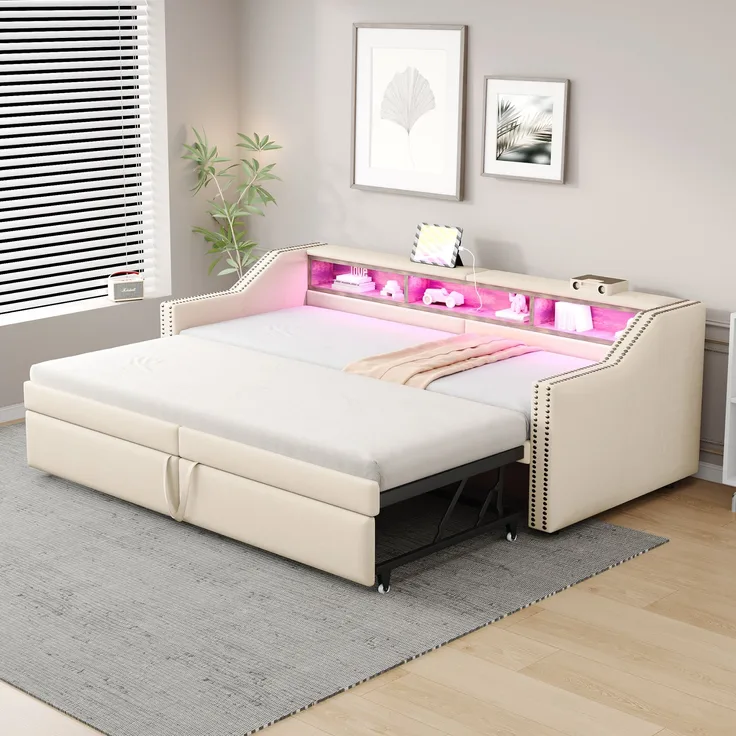 Ausziehbares Schlafsofa 90/180x200 cm mit Stauraum & USB, Leinenstoff, gepolstert, Gästebett mit Lattenrost, Beige