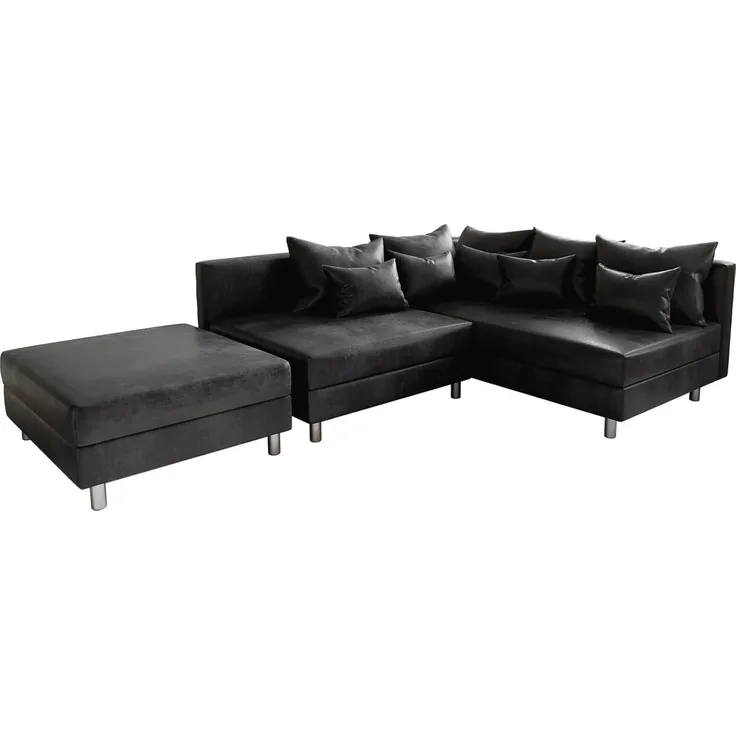 Eckcouch Clovis Anthrazit Antik Optik mit Hocker Ottomane Rechts Ecksofa Modular