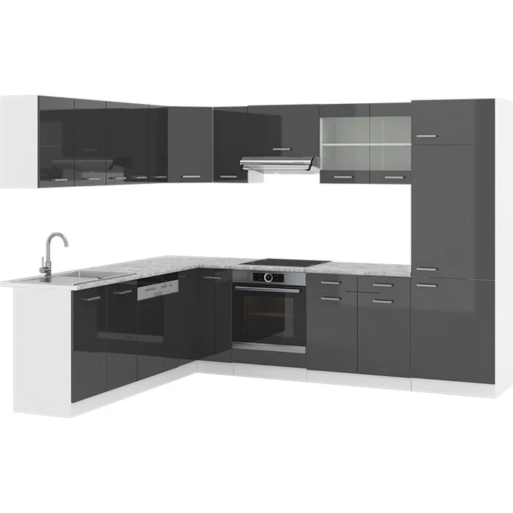 Eckküche R-Line Anthrazit Hochglanz/Weiß 287 x 227 cm, AP Marmor Vicco – Bild 1