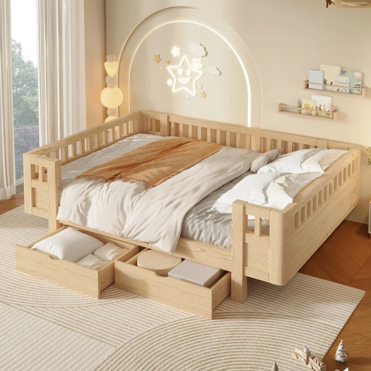Merax Hochbett 140x200 Kinderbett, mit hohem Schutzgitter & zwei großen Schubladen, Holzfarbe – Bild 2