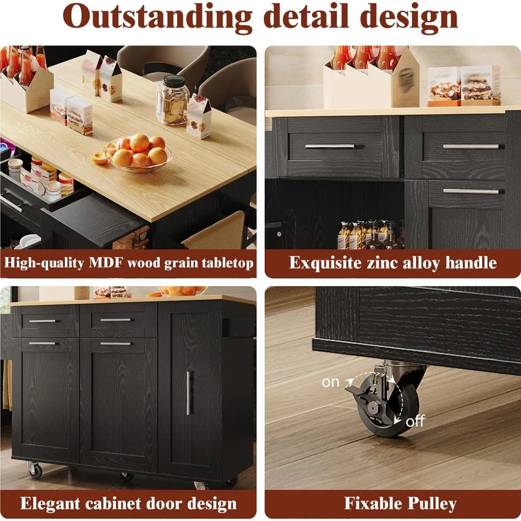 Moderne Kücheninsel, Küchenschrank, buffetschrank, Speisewagen mit Holzmaserung, Multifunktionale Esstisch mit Speicherraum, Speisewagen mit Snackregalen und Stretchfunktionsschränken, Schwarz – Bild 8