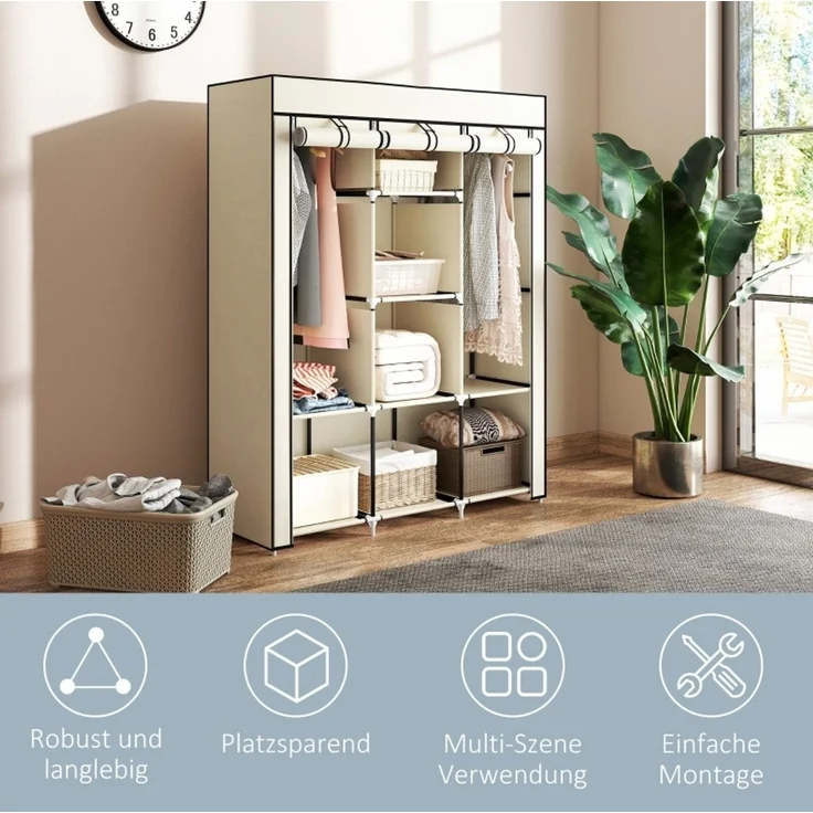 CHICFURN Kleiderschrank 125x162,5x43 cm aus Vliesstoff mit 2 Kleiderstangen und 8 Einlegeböden – cremeweiß – Bild 3