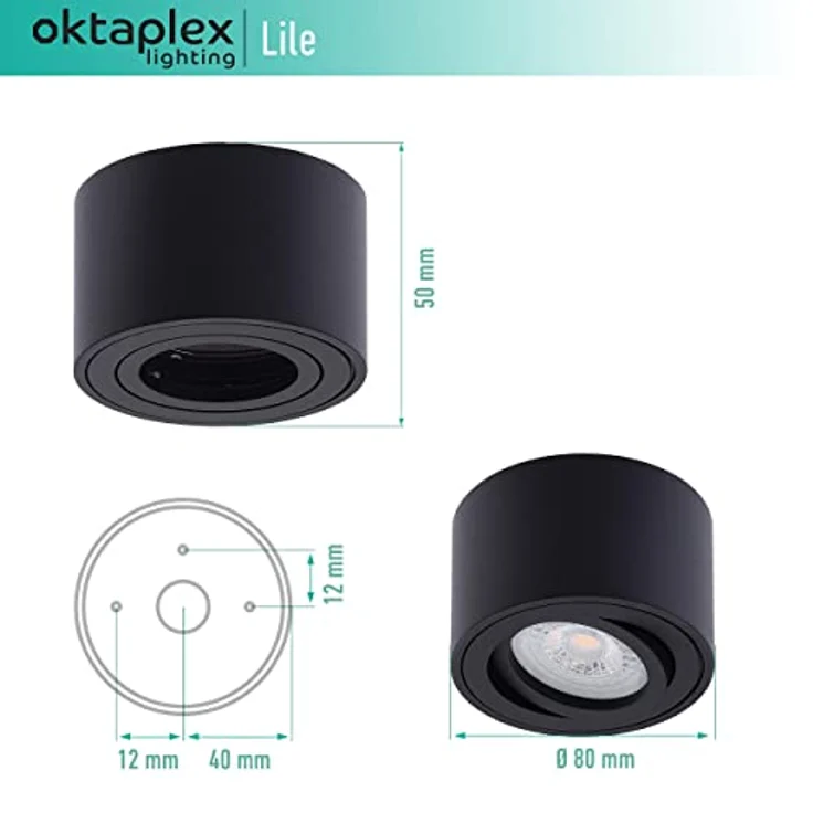 Oktaplex Lile Aufbauspot Set, 6 Stück, dimmbar, 4,8W, 2700K warmweiß, schwenkbar, schwarz, Aluminium – Bild 4