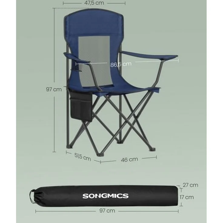 SONGMICS Campingstuhl 2er Set, Klappstuhl Outdoor, Angelstuhl, hohe Rückenlehne, verstellbare Armlehnen, Getränkehalter, klappbar, bis 150 kg belastbar, Camping Garten, hafenblau GCBDE028Q01 – Bild 5