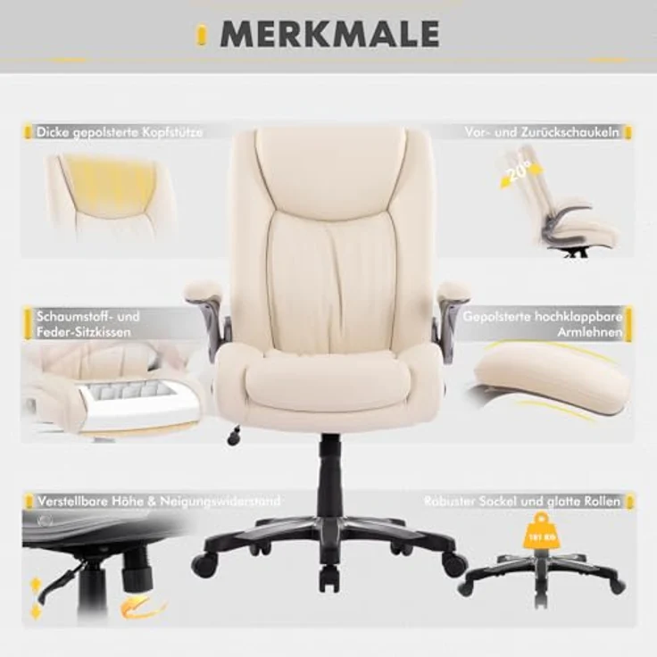 COLAMY Chefsessel Bürostuhl 181kg, Großer Bürostuhl Ergonomisch Leder, Ergonomischer Bürostuhl, Breiter Sitz, Klappbare Armlehnen, Höhenverstellbar Office Chair für das Homeoffice, Ivron – Bild 6