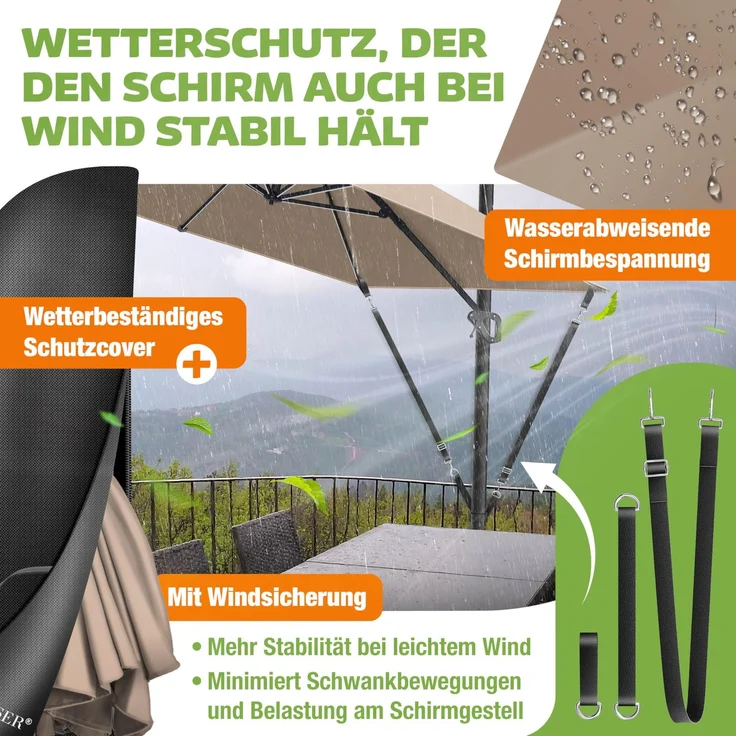 KESSER® Sonnenschirm Ampelschirm SUN XL 300 x 300 cm Inkl. Abdeckung +Windsicherung Drehbar Neigbar Kippbar Marktschirm Groß 360° Rotation, Gartenschirm mit Kurbel Sonnenschutz UV50+ Taupe, Mit LED – Bild 7
