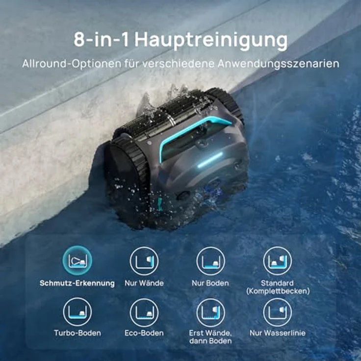WYBOT (Neues Modell) C2 Vision-A Kabelloser Poolroboter Akku mit KI-Kamera, 8 Modi, starker Saugkraft, Dual-Filter, Wasserlinie, Poolroboter Akku Wand und Boden, App-Blaugraugrün – Bild 5