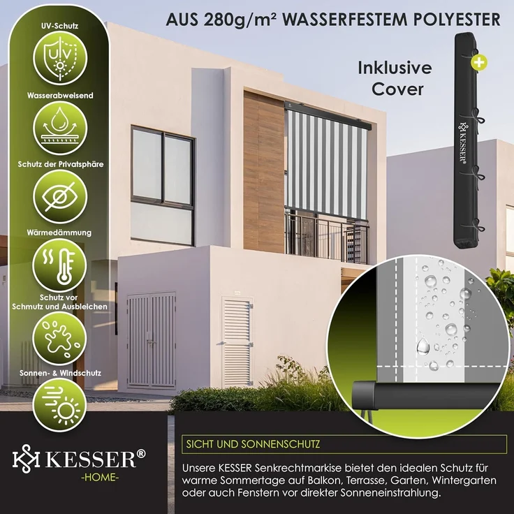 KESSER® Senkrechtmarkise Außenrollo Handkurbelmechanismus Balkonrollo Sonnen & Sichtschutz Beschattung Sonnenschutz Außen Rollo mit Kurbel Markisenkasten Balkon & Terrasse Inkl. Montageset & Abdeckung Grau / Weiß, 140 x 250cm – Bild 6