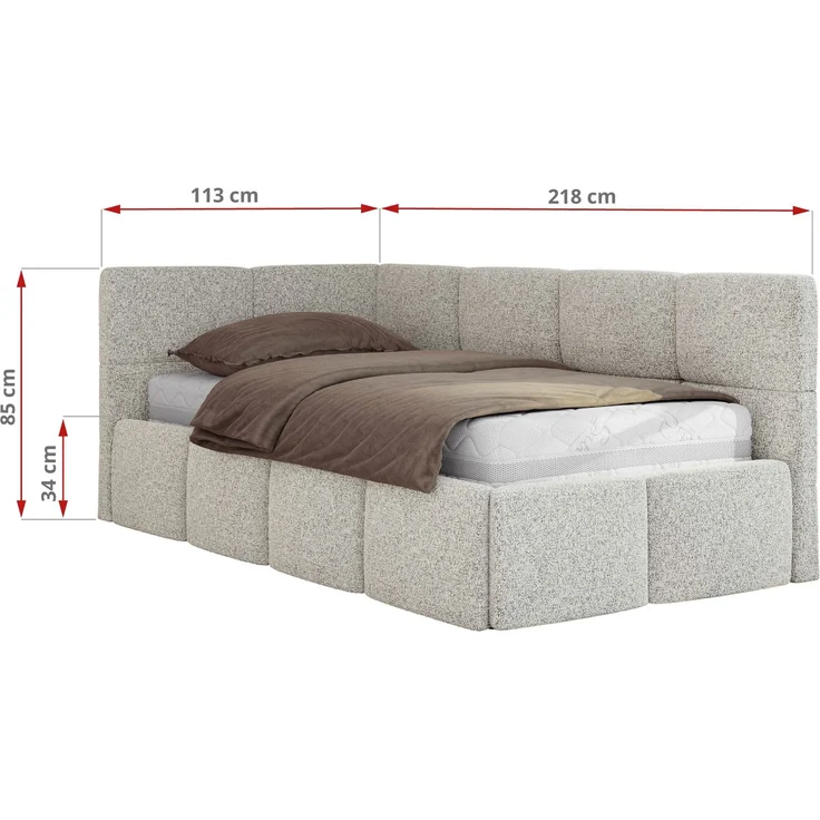 Jugendbett 90x200 ARVO Polsterbett mit Bettkasten, Stauraum & Gasdruckfeder, Modernes Design mit Kopfteil, Pocket Matratze - Hellgrau Strukture - VIRE LUX - Links Seite – Bild 3